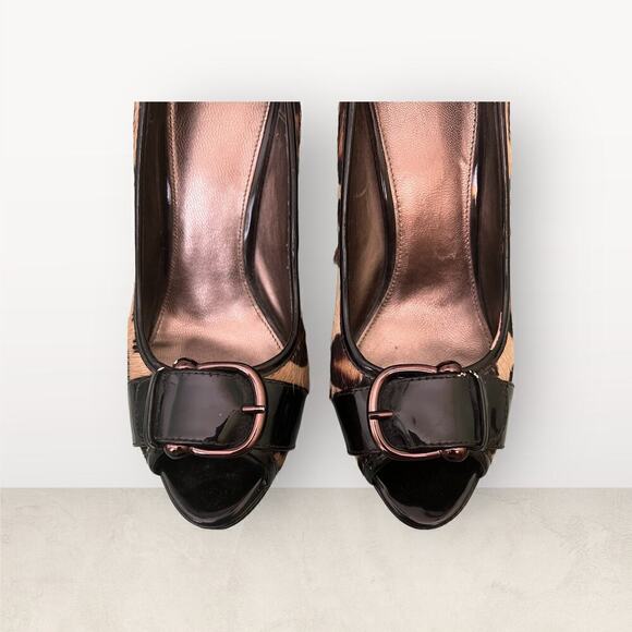 Isola Cheetah Pattern (Dyed Horse Hair) Buckle Open Toe Black Heels 9M - Picture 5 of 10